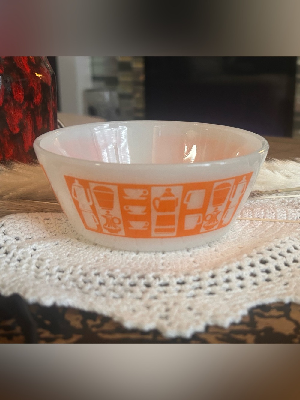 Vintage Federal Glass Milk Bowl – Orange Kitchenware Motifs (1960s–1970s)